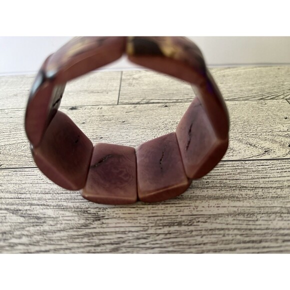 Tagua Nut Stretch Wide Bracelet Purple Brown Boho Style - Picture 6 of 7